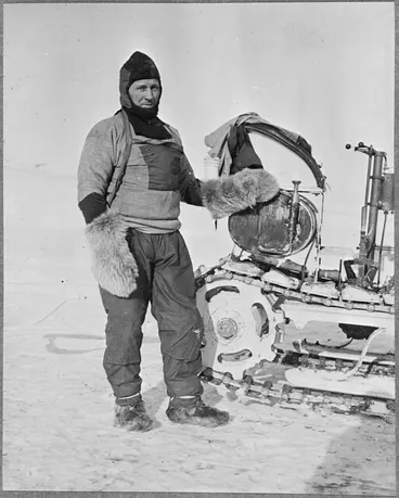 Image: William Lashly standing by a Wolseley motor sleigh during the British Antarctic Expedition of 1911-1913, November 1911
