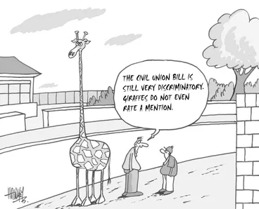 Image: Hawkey, Allan Charles, 1941-:'The Civil Union Bill is still very discriminatory. Giraffes do not even rate a mention.' Waikato Times 3 December, 2004.