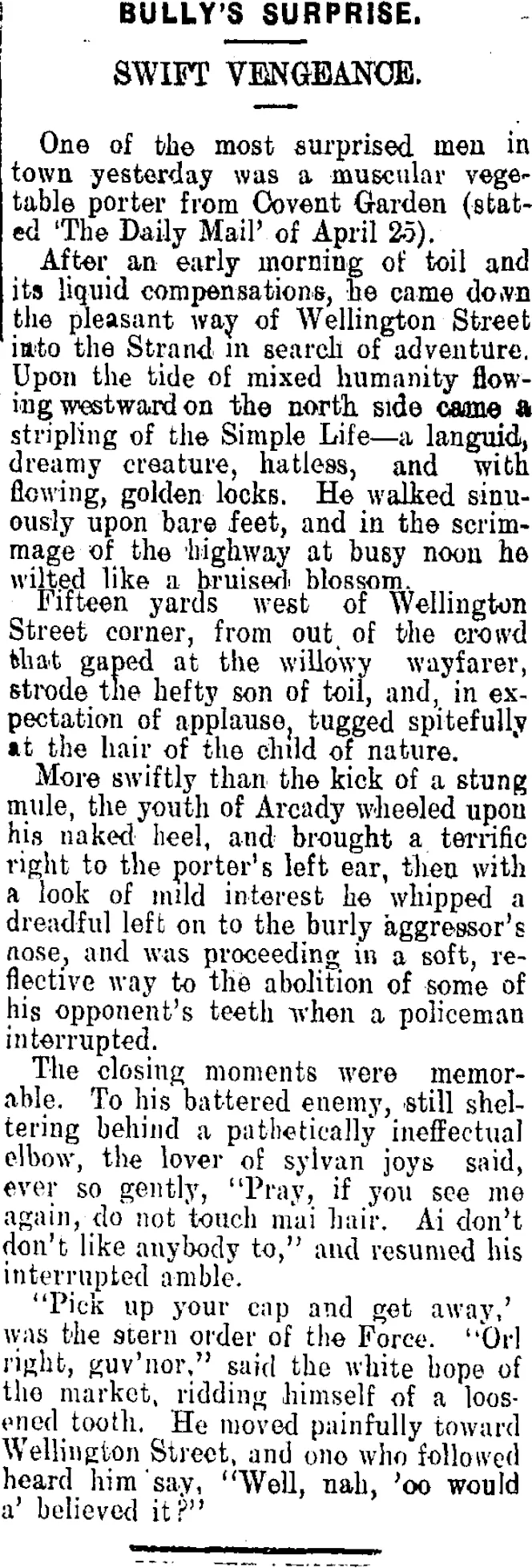 BULLY'S SURPRISE. (Tuapeka Times 25-7-1914)