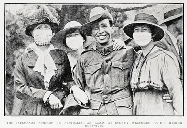 Image: The influenza epidemic in Australia: an Anzac at Sydney welcomed by his masked relatives