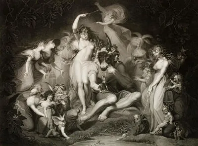 Shakespeare: Midsummer-Night's Dream, Act IV, Scene I: A wood - Titania, Queen of the fairies, Bottom, fairies attending