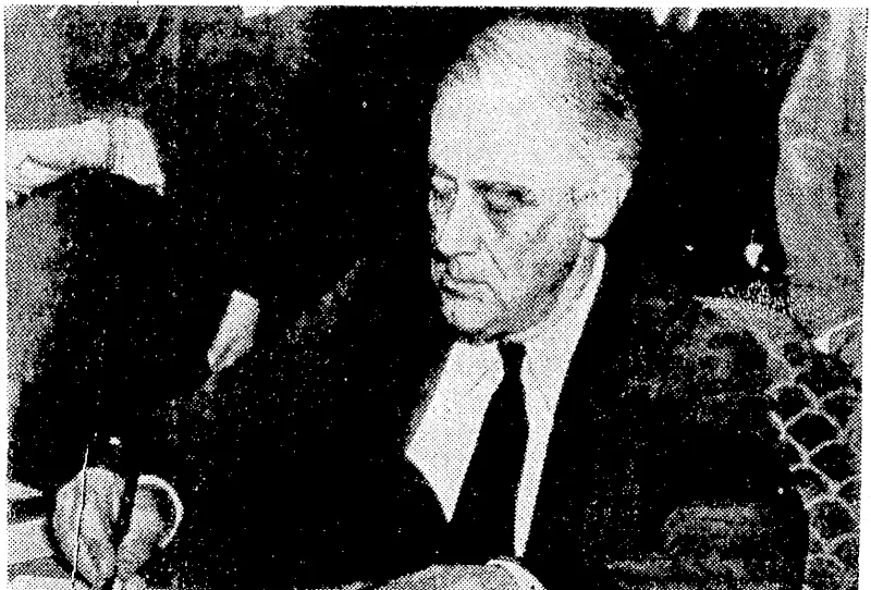 With a grim face, President Roosevelt sets his signature to a declaration of war against Japan, after Congress had approved it with only one dissentient vote* (Evening Post, 13 February 1942)