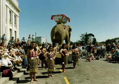 [Rajah the Elephant out in front of the Museum on Museum Supporter's Day]