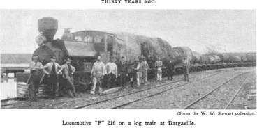 Image: Thirty Years Ago. — (From the W. W. Stewart collection.) — Locomotive “F” 216 on a log train at Dargaville