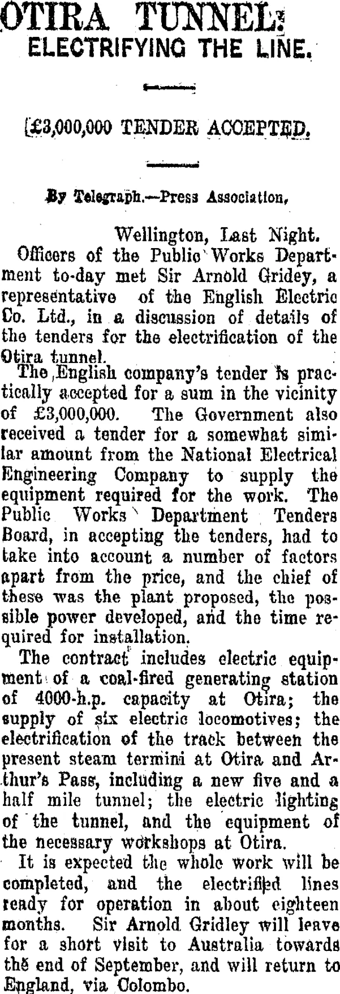 OTIRA TUNNEL. (Taranaki Daily News 26-8-1920)