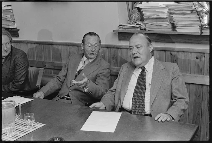 National Party president George Chapman and Prime Minister Robert Muldoon at post-election meeting - Photograph taken by Ross Giblin