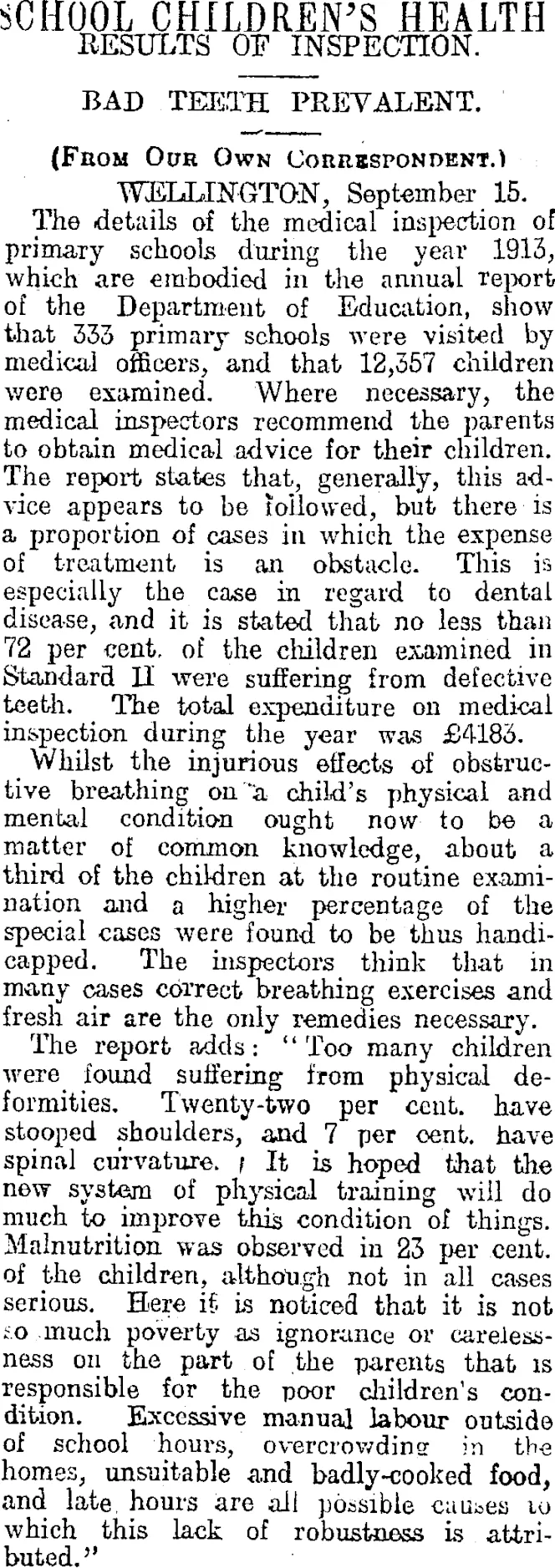 SCHOOL CHILDREN'S HEALTH (Otago Daily Times 16-9-1914)