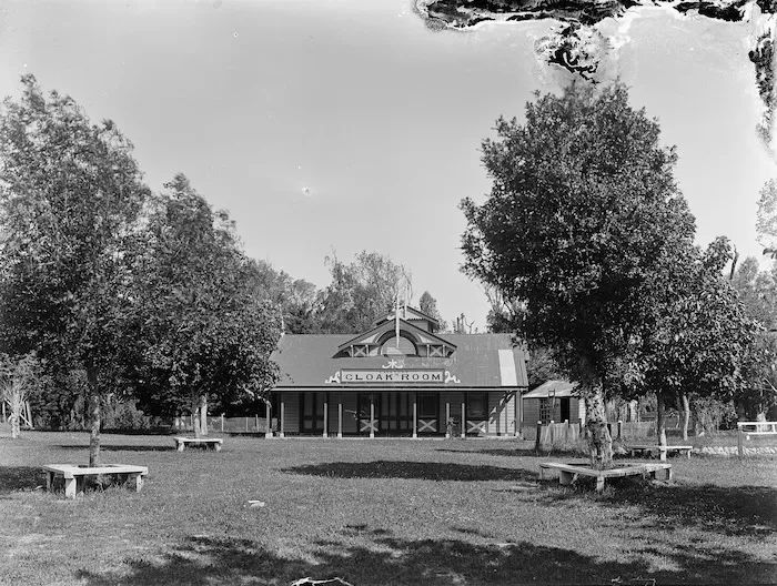 Trees and cloakroom in the grounds of the Tauherenikau Racecourse