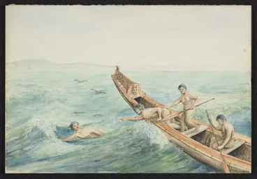 Image: [Downes, Thomas William] 1868-1938 :[Whakaruatapu escapes from Te Rauparaha's canoe. 1938?]