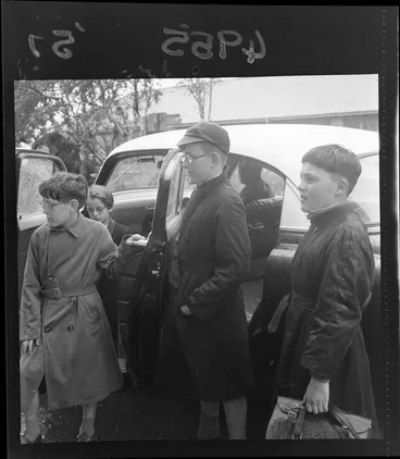 Image: Partially blind children getting out of car, Te Aro School, Wellington