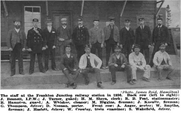 (Photo. James Reid, Hamilton) — The staff at the Frankton Junction railway station in 1896. Back row (left to right): J. Bennett, I.P.W.; J. Turner, guard; H. M. Shera, clerk; R. B. Peat, stationmaster; R. Hampton, guard; A. Whisker, cleaner; M. Higgin... Image: (Photo. James Reid, Hamilton) — The staff at the Frankton Junction railway station in 1896. Back row (left to right): J. Bennett, I.P.W.; J. Turner, guard; H. M. Shera, clerk; R. B. Peat, stationmaster; R. Hampton, guard; A. Whisker, cleaner; M. Higgin...