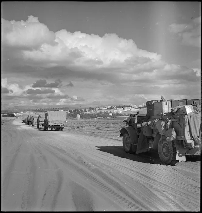 NZ column entering Tahuna south east of Tripoli, World War II - Photograph taken by H Paton