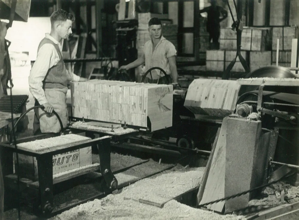 Egmont Box Company Limited. Tokoroa factory. Twelve-sided polygons being cut in bundles, 1947-1948