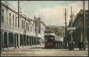 Image: [Postcard]. Manners St[reet], Wellington, looking west. 4366A. New Zealand post card (carte postale), printed in Britain. F.T. series no 2616. [ca 1904-1914].