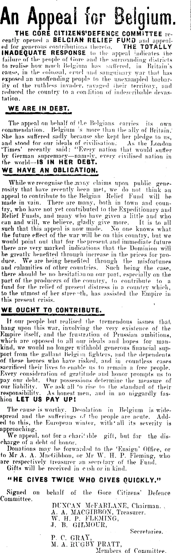 An Appeal for Belgium. (Mataura Ensign 20-10-1914)