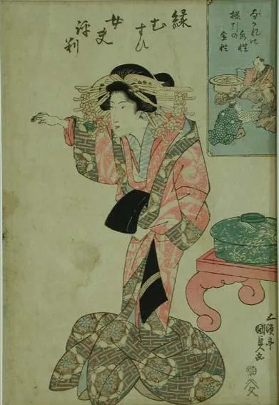 Courtesan standing by a table and gesturing with her right hand