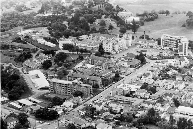 Aerial view over Auckland Hospital, Grafton, 1964