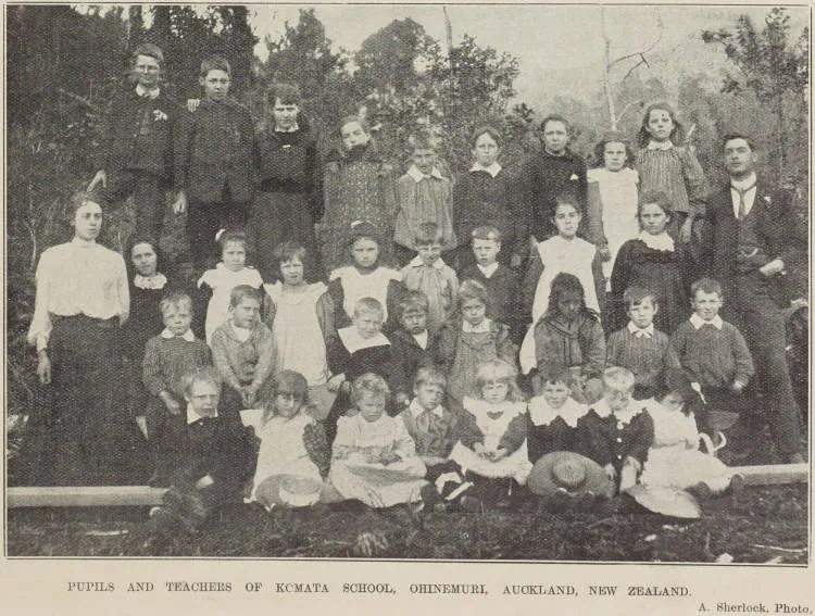 Pupils and teachers of Komata School, Ohinemuri, Auckland, New Zealand