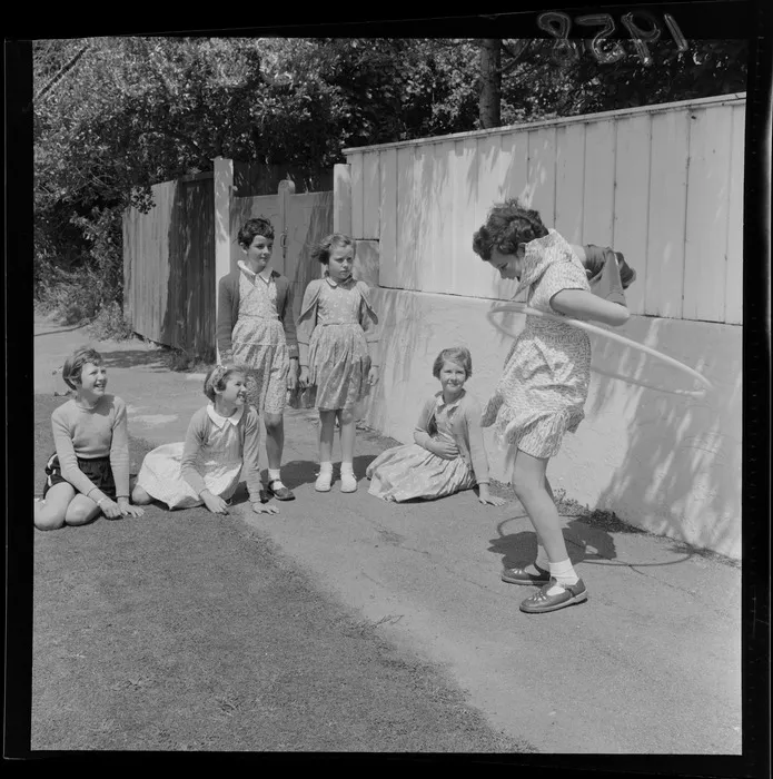 Sally Boulton with the Hula hoops, [Wellington?]