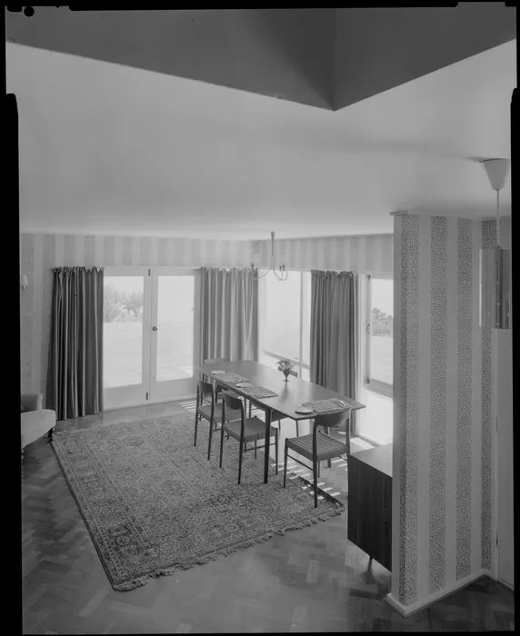 Dining room [of Jim Dawson house in Mahina Bay, Eastbourne, Lower Hutt?]