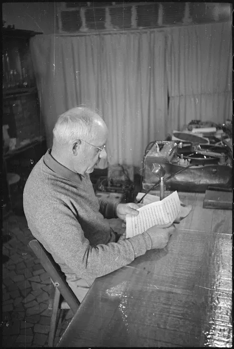 Prime Minister Peter Fraser broadcasting to patients at 2 New Zealand General Hospital, Caserta, Italy, World War II - Photograph taken by George Kaye