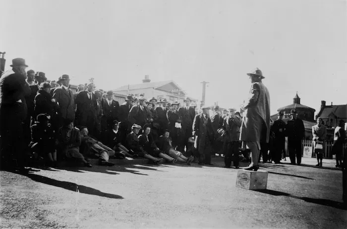 Nell Burton addressing a Sunday afternoon meeting, Basin Reserve, Wellington