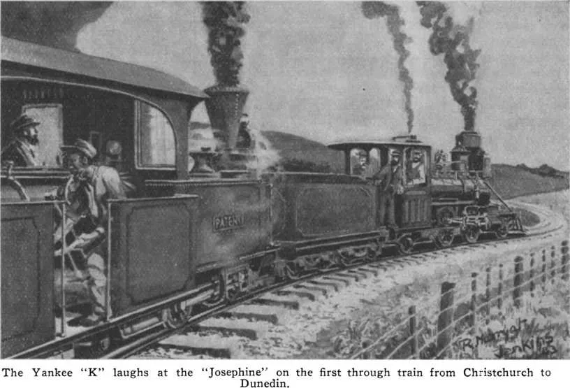 The Yankee “K” laughs at the “Josephine” on the first through train from Christchurch to Dunedin