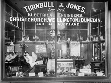 Image: Display of electrical goods in the shop window of Turnbull & Jones Ltd, Christchurch
