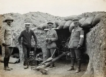 Image: Gallipoli, an Australian and New Zealand Army Corps (ANZAC) trench; a gun emplacement with four soldiers. Photograph, 1915.