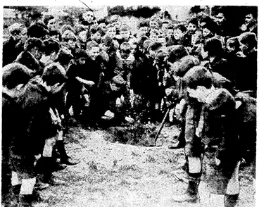 Image: Evening Post" Photo. Boys attending -the new Marist Brothers' School- at Miramar watching a tree being ..planted in the school grounds to mark 'Arbor Day. * . (Evening Post, 12 August 1937)