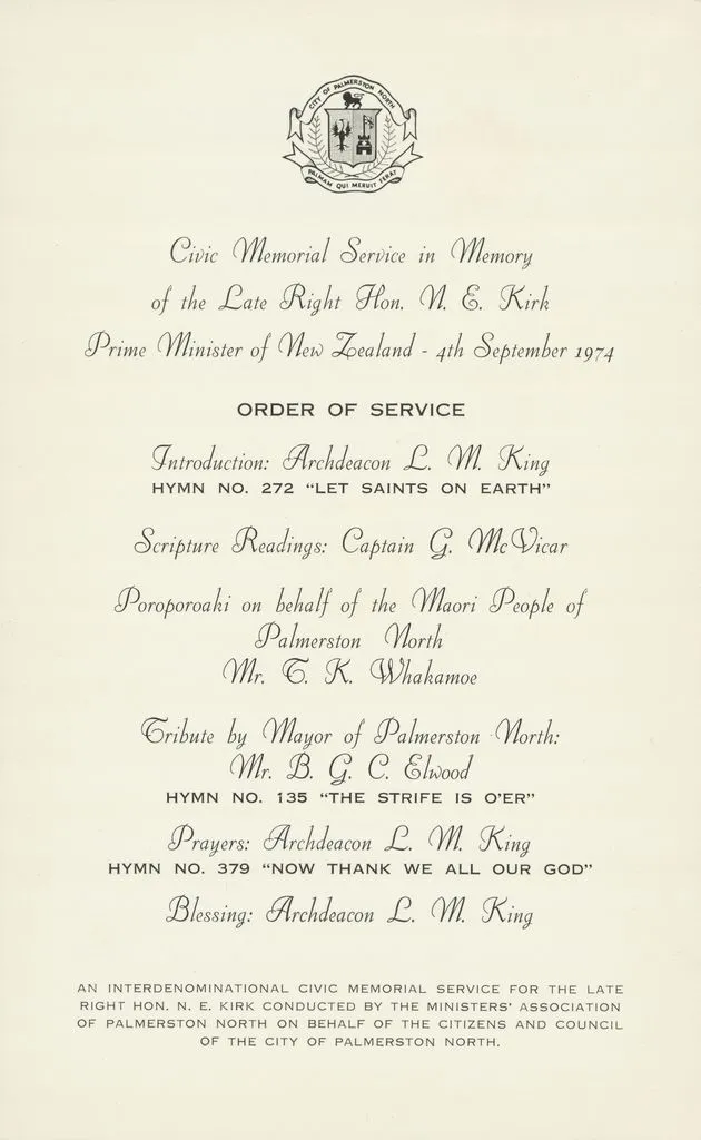 Order of Service for Memorial Service in memory of Norman Kirk