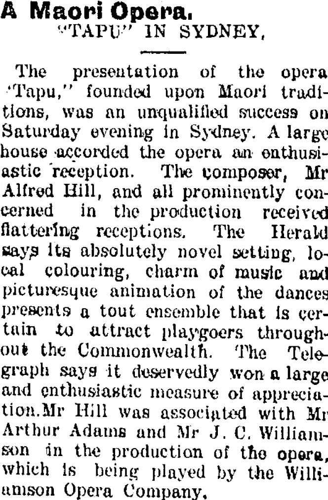 A Maori Opera. (Taranaki Daily News 12-7-1904)