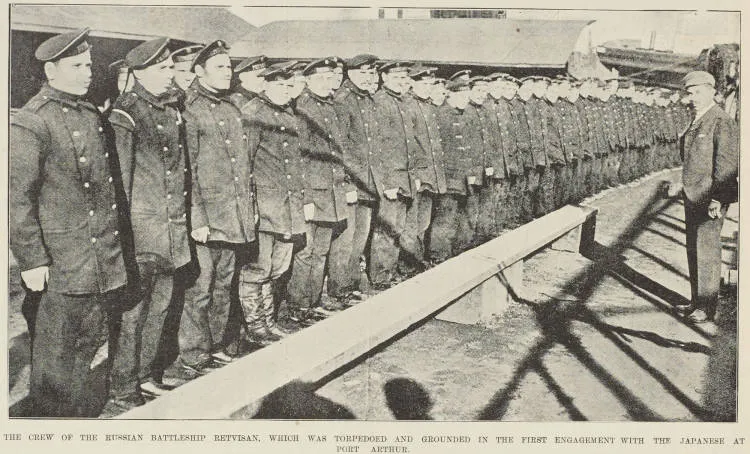 The crew of the Russian battleship Retvisan, which was torpedoed and grounded in the first engagement with the Japanese at Port Arthur