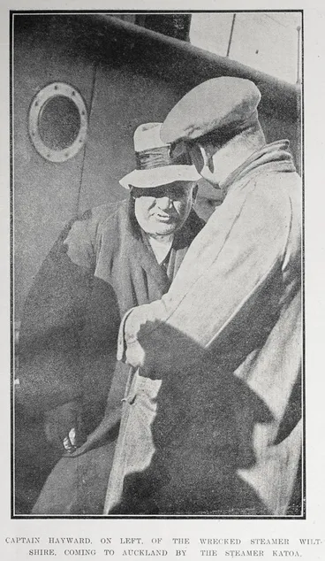 Image: Captain Hayward, on left, of the wrecked steamer Wiltshire, coming to Auckland by the steamer Katoa