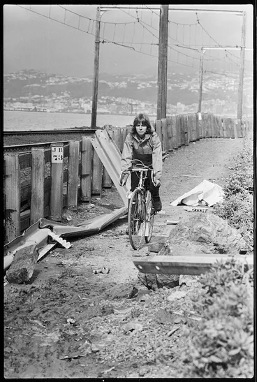 Image: Evening Post reporter Karen Brown cycling on a bicycle path between Kaiwharawhara and Petone - Photograph taken by John Nicholson