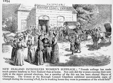 Image: Photograph of an engraving showing women going to the poll at Devonport, 1893
