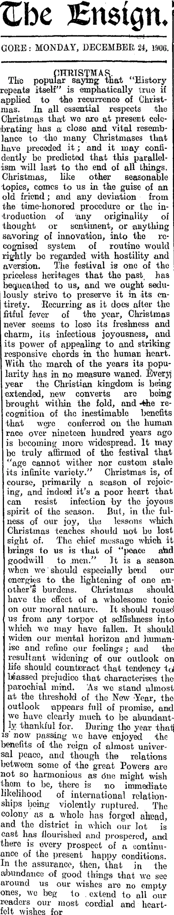 The Ensign. GORE: MONDAY, DECEMBER 24, 1906. CHRISTMAS. (Mataura Ensign 24-12-1906)