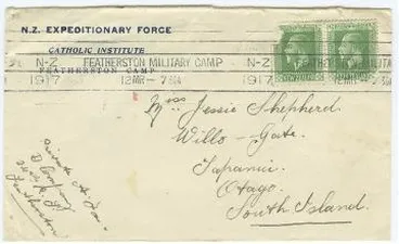 Catholic Institute, Featherston Military Camp : envelope Image: Catholic Institute, Featherston Military Camp : envelope