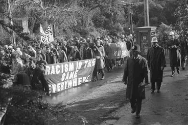 Protestors with banner 'Racism is the Same Everywhere' on Boston Road. Anti Springbok Tour protest Image: Protestors with banner 'Racism is the Same Everywhere' on Boston Road. Anti Springbok Tour protest