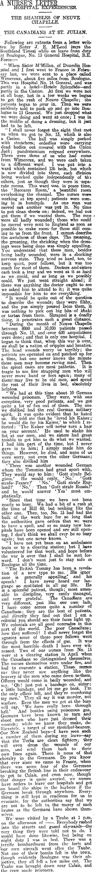 A NURSE'S LETTER (Otago Daily Times 18-3-1916)