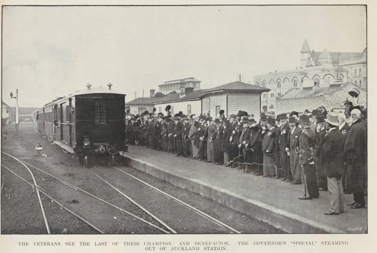 The veterans see the last of their champion and benefactor. The Governor's 'special' steaming out of Auckland station