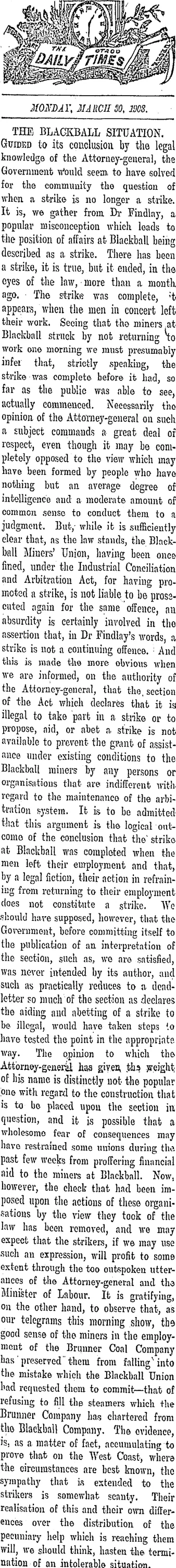 THE OTAGO DAILY TIMES MONDAY, MARCH 30, 1908. THE BLACKBALL SITUATION. (Otago Daily Times 30-3-1908)