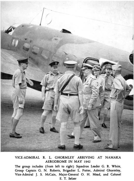Vice Admiral R.M Ghormley arriving at Namaka Aereodrome in May 1942. The group includes (from left to right) Squadron Leader G. R. White, Group Captain G. N. Roberts, Brigadier L. Potter, Admiral Ghormley, vice-admiral J.S. McCain, Major-General O. H. ...