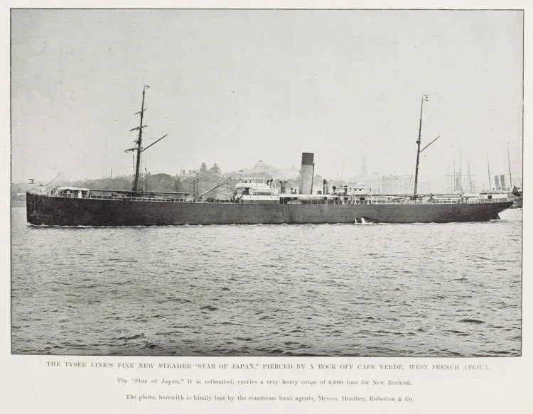 The Tyser line's fine new steamer 'Star of Japan,' pierced by a rock off Cape Verde, West French Africa