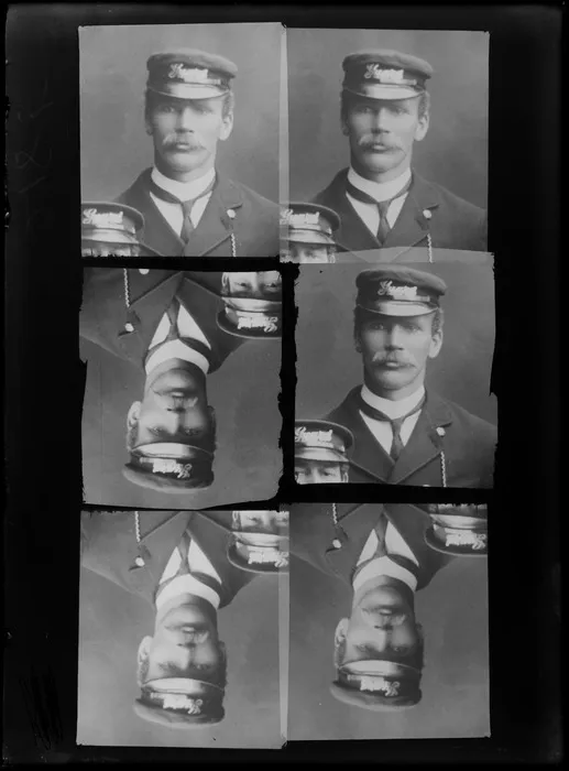 Studio head portrait of unidentified man with large moustache dressed in guard's uniform and cap, six multiple images on one, Christchurch