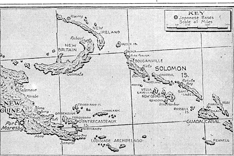 Map showing Green Islands, to the north of Biika. Several of the Japanese bases marked on the map 1 have since been captured- (Evening Post, 17 February 1944)