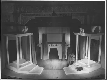 Image: Stage set during a production of Shakespeare's Antony and Cleopatra, Civic Theatre, Christchurch