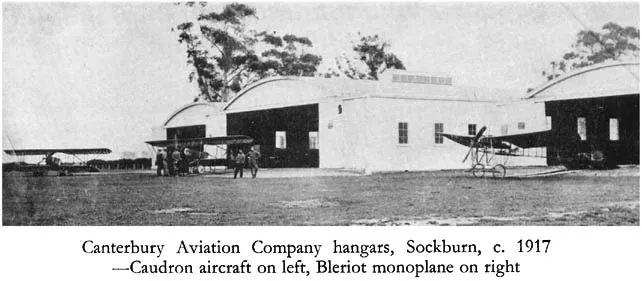 Canterbury Aviation Company hangars, Sockburn, c. 1917 —Caudron aircraft on left, Bleriot monoplane on right