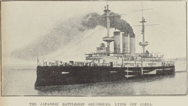 The Japanese battleship Shikishima, lying off Corea
