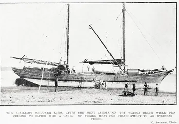 Image: The auxiliary schooner Echo, after she went ashore on the Wairoa beach while proceeding to Napier with a cargo of frozen meat for transhipment to an overseas vessel